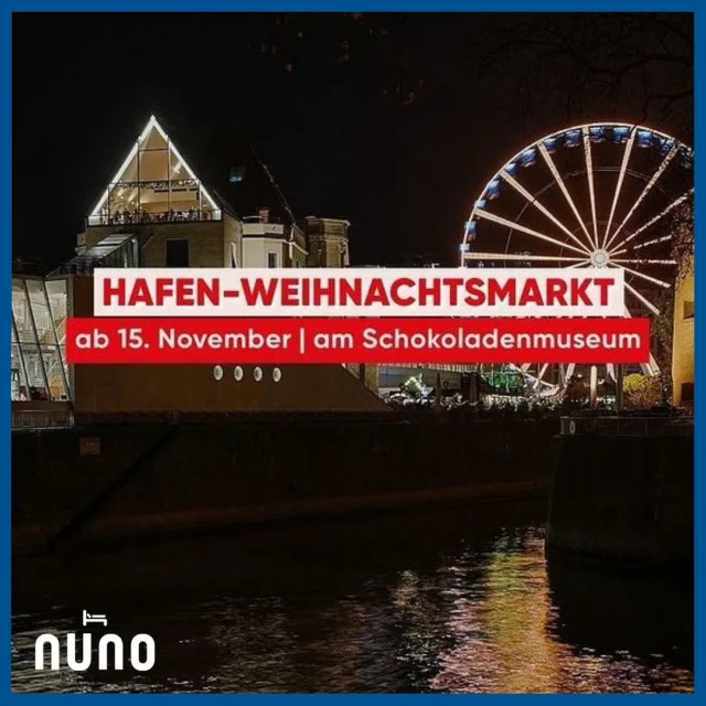 Redaktionstip: Bereits Morgen öffnet der Hafen-Weihnachtsmarkt🎄
Ein moderner, martimer Weihnachtsmarkt vor malerischer Kulisse direkt am Rhein. Modern und stilvoll präsentiert sich der maritime Weihnachtsmarkt vor malerischer Kulisse direkt am Rhein. Mit hochwertigen Produkten aus aller Welt und natürlich auch von lokalen Erzeugen und Designern #madeinCologne. Dazu gibt es feine Speisen und Getränke, ein abwechsungsreiches Kinderprogramm und last but not least ein tolles Riesenrad. 🎡 Kommt uns besuchen und bucht direkt mit unserem ❗Blackweek-Deal❗ mit einem schicken Rabatt. 

Editor’s tip: The harbour Christmas market opens tomorrow🎄
A modern, stylish Christmas market against a picturesque backdrop right on the Rhine. The maritime Christmas market presents itself in a modern and stylish way against a picturesque backdrop right on the Rhine. With high-quality products from all over the world and, of course, from local producers and designers #madeinCologne. There is also fine food and drink, a varied children’s program and, last but not least, a fantastic Ferris wheel. 🎡 Come and visit us and book directly with our ❗Blackweek deal❗ with a nifty discount.
#book now ➡️Link in bio #cologne #nunohotelköln #nuno #hotels #köln #christmasshopping #citycenterhotel #visitcologne #citytrip #kölnhotel #kölncitiy #hotelstay #städtetrip #weihnachtsmarkt #followme #christmasmarketgermany 📸 #koeln.de #rabattcode #blackweek

T