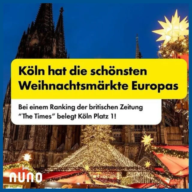 Es ist offiziell: Köln hat die schönsten Weihnachtsmärkte🎄 Europas! 
Das vermeldet nicht nur Radio Köln - bei einem Ranking der renommierten, britischen  Zeitung The Times stehen die Kölner Weihnachtsmärkte auf Platz 1🏆
Ab diesem Wochenende sind dann auch alle, tollen Weihnachtsmärkte in Köln geöffnet. Also packt eure Koffer 🧳und kommt uns besuchen! Wir freuen uns auf euch 🧡 
It’s official: Cologne has the most beautiful Christmas markets🎄 in Europe! It’s not just Radio Köln that has announced this - in a ranking by the renowned British newspaper The Times, Cologne’s Christmas markets are in first place🏆
Starting this weekend, all the great Christmas markets in Cologne will be open. So pack your bags 🧳and come and visit us! We look forward to seeing you 🧡 
book now ➡️Link in bio #cologne #nunohotelköln #nuno #hotels #köln #christmasshopping #citycenterhotel #visitcologne #citytrip #kölnhotel #kölncitiy #hotelstay #städtetrip #weihnachtsmarkt #followme #christmasmarketgermany 📸 #radiokoeln