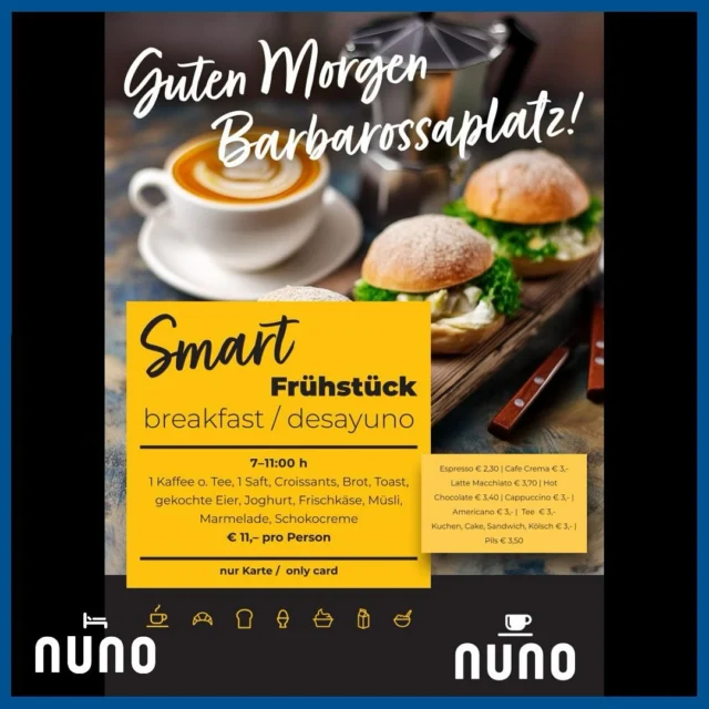 Neu🆕
Ab sofort habt ihr die Möglichkeit, unser SMART-Frühstück zusätzlich zur Übernachtung zu buchen.. 
Zeitgerechter🥐 Kleiner☕ Günstiger🥚
& natürlich super lecker 😋
Smart Frühstück  täglich von 7.00 Uhr - 11.00 Uhr
Wir freuen uns auf euch 🧡 
New🆕
From now on you can book our SMART breakfast in addition to your overnight stay. 
More timely🥐 Smaller☕ Cheaper🥚
& of course super tasty 😋
Smart breakfast daily from 7.00 am - 11.00 am
We look forward to seeing you 🧡 #hotelbreaktfast #hotelfrühstück #nunohotelköln #nuno #booknow (Link in Bio) #hotelköln  #köln #cologne #businesstravel #businesstrip #besthotels #citycenterhotel #visitcologne #citytrip home away from home #kölnhotel #kölncitiy #hotelstay #followme #bio #organic