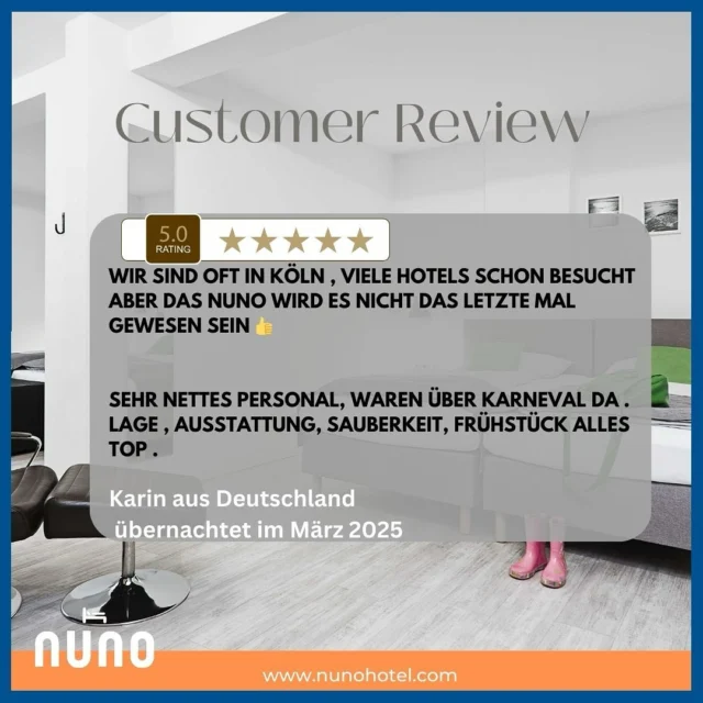 #reviewtime
Happy Guests 🧡Happy Us! 🧡 Vielen Dank liebe Karin 🧡

#happyguests #hotelgast #hotelsuche #booknow (link in bio) #hotelreview #nunohotelköln #nuno #nunohotel #goldhotel #köln #cologne #visitcologne #businesstrip #businesstravel #citytrip #kölnhotel #travelcologne #kölncitiy #cityhotel #citycenterhotel #hotelstay #reviews #hotelbewertung #hotelköln #bookingcom