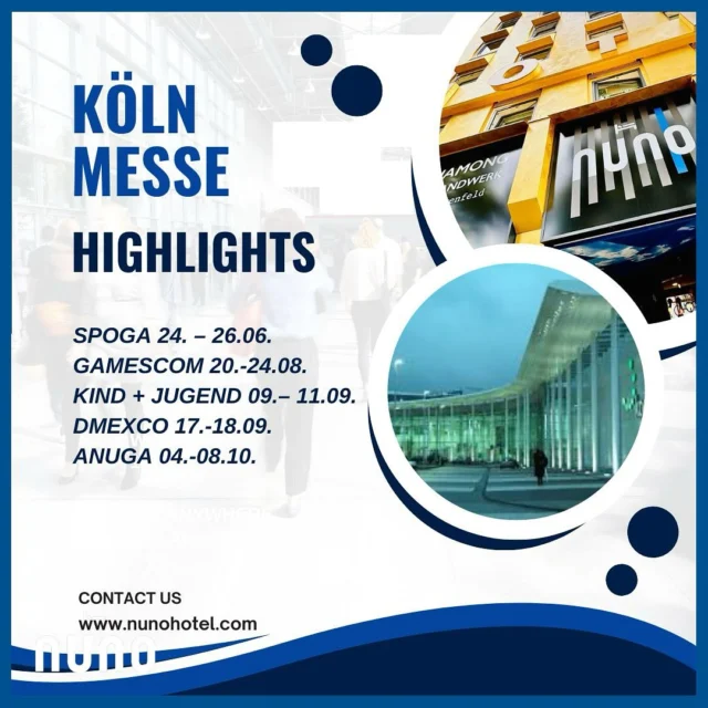 Wir haben für euch noch einmal einen Blick auf den Messekalender der Köln Messe @koelnmesse geworfen. Wir freuen uns u.a. auf die Messebucher und Aussteller der 
SPOGA @spogagafa 24.-26. Juni ⛲
GAMESCOM @gamescom 20.-24. August👾
KIND + JUGEND @kindundjugend 09.-11. September👶🏼🧒🏻
DMEXCO @dmexco 17.-19. September💻
ANUGA @anugacologne 04.- 08. Oktober 🥑🍫

Das NUNO Hotel verfügt über eine Garage, die Straßenbahn hält direkt vor der Türe. Unsere Hotelzimmer verfügen über  gratis Premium Speed WIFI, Flatscreen TV, moderenen Schreibtisch und USB- Charger. Natürlich gibt es auch ein leckeres Frühstück oder für Frühstücksmuffel und Spätaufsteher ein Frühstück TO GO. Wir freuen uns auf euch🧡We have taken another look at the Cologne trade fair calendar for you. Among other things, we are looking forward to the trade fair bookers and exhibitors of the 
SPOGA June 24-26 ⛲
GAMESCOM August 20-24👾
CHILD + YOUTH 09-11. September👶🏼🧒🏻
DMEXCO September 17-19💻
ANUGA October 04-08 🥑🍫

The NUNO Hotel has a garage, and the streetcar stops right outside the door. Our hotel rooms have free premium speed WIFI, flat screen TV, modern desk, and USB charger. Of course, there is also a delicious breakfast, or for breakfast grouches and late risers, a breakfast TO GO. We look forward to seeing you🧡#businesstrip #businesstravel #cologne #köln #nunohotelköln #nuno #hotelköln #booknow (link in bio) #businesswoman #businessmen #citytenterhotel #visitcologne #cityhotel #kölnhotel #kölncitiy #goldhotel #hotelsuche #meetings #konferenz #messe #koelnmesse #messebesuch #tradefair