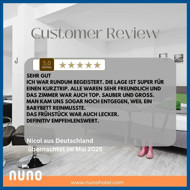 #reviewtime
Happy guest🧡 happy us 🧡
Mit „Sehr Gut“ & „Definitiv Empfehlenswert“ starten wir gerne in den Tag 🧡 Vielen Dank, liebe Nicol - schön, dass ihr da wart 🧡We are happy to start the day with „Very good“ & „Definitely recommendable“ 🧡 Thank you, dear Nicol - nice that you were there 🧡
#happyguests #hotelgast #hotelsuche #booknow (link in bio) #hotelreview #nunohotelköln #nuno #nunohotel #goldhotel #köln #cologne #visitcologne #businesstrip #businesstravel #citytrip #kölnhotel #travelcologne #kölncitiy #cityhotel #citycenterhotel #hotelstay #reviews #hotelbewertung #hotelköln #bookingcom