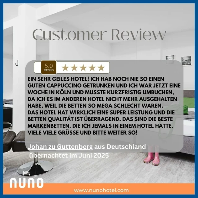 Lieber Johan - herzlichen Dank für deine schöne Bewertung via Google!🧡Übrigens, wenn man unsere Bewertungen auf den diversen Hotelportalen einmal quer liest, fällt doch auf, wie oft sowohl die Betten🛏️ als auch die Bettwäschen 🛌🏻Qualität gelobt wird. Darauf sind wir wirklich stolz und freuen uns sehr!😊 Kommt uns besuchen - Köln ist cool.🧡
Dear Johan - thank you very much for your nice review via Google!🧡By the way, if you read our reviews on the various hotel portals, you will notice how often both the beds 🛏️ and the bed linen 🛌🏻quality are praised. We are really proud of this and very pleased! 😊 Come and visit us - Cologne is cool!🧡 #happyguests #hotelgast #hotelsuche #hotelbett #googlebewertung #booknow (link in bio) #hotelreview #nunohotelköln #nuno #nunohotel #goldhotel #köln #cologne #visitcologne #businesstrip #businesstravel #citytrip #kölnhotel #travelcologne #kölncitiy #cityhotel #citycenterhotel #hotelstay #reviews #hotelbewertung #hotelköln #bookingcom #tripadvisor #holidaycheck