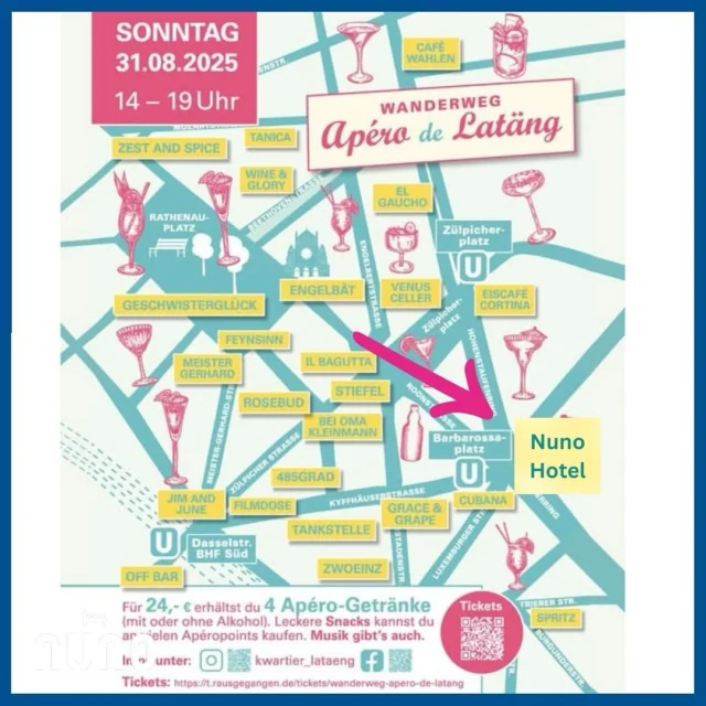 Geh wandern haben Sie gesagt🥾 ....
Na klar, da simmer dabei ... Apéro de latäng 🍹der Aperol Wanderweg durch unser buntes Innenstadt-Viertel @kwartier_lataeng 
Wann: Sonntag 31. August 
Ab 14.00 Uhr bis 19.00 Uhr
Bei unseren tollen Nachbarn gibt es die leckersten Cocktails & Mocktails rund um beliebten Apérol. Zur Stärkung und für den süßen Zahn gibt es bei uns APEROL KUCHEN🍰 mit einer leckeren Tasse Schamong Kaffee ☕️@schamong_official. Seid auch dabei und sichert Euch Tickets bei @rausgegegangenkoeln: ➡ https://rausgegangen.de/events/wanderweg-apero-de-latang-2/
Wir freuen uns auf Euch 🧡 You said go hiking🥾 .... Of course, we’re in... Apéro de latäng 🍹the Aperol hiking trail through our colourful inner city district Kwartier Latäng
when: Sunday, 31 August From 2 p.m. to 7 p.m.
Our wonderful neighbours serve the most delicious cocktails and mocktails based on the popular Apérol. To fortify yourself and satisfy your sweet tooth, we offer APEROL CAKE🍰 with a delicious cup of Schamong coffee☕. Join us and secure your tickets at @rausgegegangenkoeln: ➡ https://rausgegangen.de/events/wanderweg-apero-de-latang-2/
We look forward to seeing you 🧡 
#köln #cologne #kölle #Aperol #Aperolspritz #nuno #nunohotel #goldhotel #kwartierlatäng #rausgegangenkoeln #citycenterhotel #cityhotel