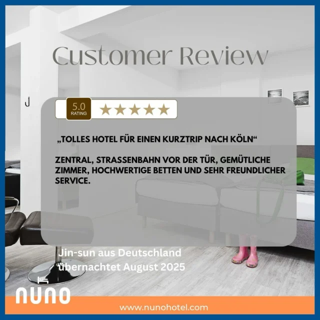 #reviewtime ⭐⭐⭐⭐⭐
Great hotel for a short trip to Cologne
Central location, tram right outside the door, cozy 
rooms, high-quality beds, and a very friendly service. #happyguests #hotelgast #hotelsuche #booknow (link in bio) #hotelreview #nunohotelköln #nuno #nunohotel #goldhotel #köln #cologne #visitcologne #businesstrip #businesstravel #citytrip #kölnhotel #travelcologne #kölncitiy #cityhotel #citycenterhotel #hotelstay #reviews #hotelbewertung #hotelköln #bookingcom #tripadvisor #holidaycheck