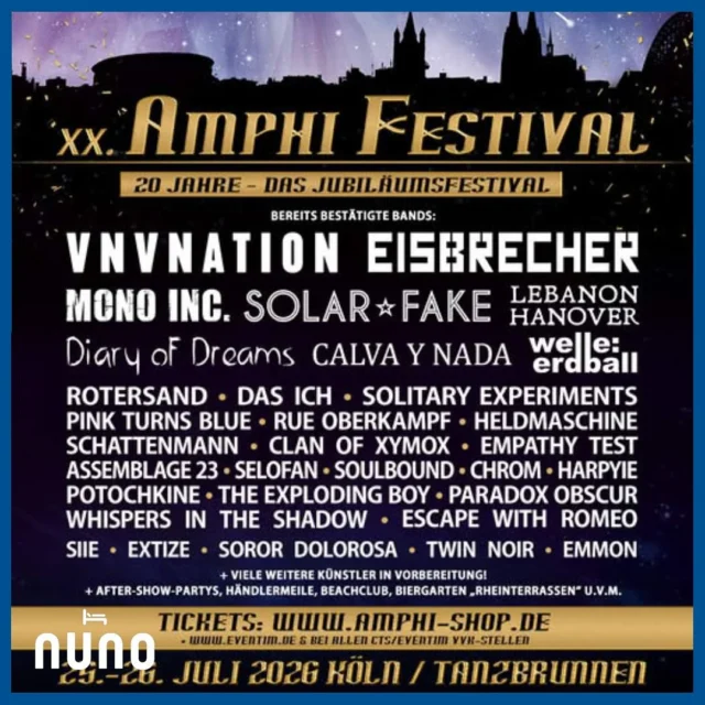 🖤Wir freuen uns ja immer das ganze Jahr auf die lieben Amphi Besucher. 🦇
Jetzt hat das Amphi Festival @amphifestival hat bereits die zweite Bandwelle für 2026 mit weiteren Highlights rausgehauen. Wir freuen uns  auf die Jubiläums-Ausgabe des Festvials (Happy 20th Birthday Amphi🖤) am 25. & 26. Juli 2026 und auf die Amphi-Familie! 
We always look forward to seeing our dear Amphi visitors throughout the year🦇. 
Now, the Amphi Festival has already announced the second wave of bands for 2026, with more highlights to come. We are looking forward to the anniversary edition of the festival (Happy 20th Birthday Amphi🖤) on July 25 & 26 and to seeing the Amphi family!  #amphi2026 #amphifestival #festival #gothic #darkwave #postpunk #synthpop #amphiliebe #nuno #nunohotel #goldhotel #cityhotel #citycenterhotel #köln #hotelköln #cologne 
📸by # amphi
