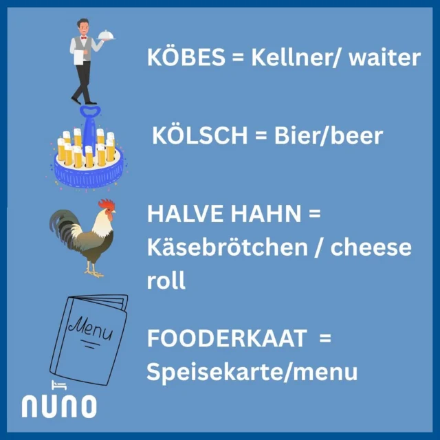 Besucher von außerhalb werden in einem Kölner Brauhaus 🍻oft vor die eine oder andere Herausforderung gestellt.🤔 Daher kommt hier von uns für Euch ein kleines Kölner Brauhaus 1 x 1: Der Kellner in einem Traditions-Brauhaus wird Köbes genannt; er duzt direkt und hinter seiner etwas harschen Fassade steckt oft ein Herz aus Gold (gerne trinkt er auch ein Kölsch mit Euch!). Das Bier heißt Kölsch (sagt nie Bier … ich glaube, dann bekommt ihr gar nichts). Der Köbes serviert das Kölsch nicht auf einem Tablet, sondern mit einem Kranz – auf diesem passen in der Regel 11 Stangen (= Kölsch-Gläser). Auch wird Euch der Köbes immer wieder ein volles Kölsch auf den Tisch stellen (bestellt oder nicht), bis Ihr Hicks🥴 Stop sagt. Die Speisekarte heißt Fooderkaat (= Futterkarte) und wer Lust auf ein halbes Hähnchen🐔 hat, sollte nicht einen Halve Hahn bestellen – das ist ein Röggelchen (Roggenbrötchen, Semmel, Weckla, Schrippe, Rundstück) mit einer dicken Scheibe Gouda-Käse🧀 und Senf. Na, neugierig geworden? Köln ist cool 🧡kommt uns besuchen🧡 
Visitors from outside Cologne often face one or two challenges in a Cologne brewery 🍻. 🤔 That’s why we’ve put together a little guide to Cologne breweries for you: The waiter in a traditional brewery is called a Köbes; he addresses you informally and behind his somewhat harsh exterior there is often a heart of gold (he’ll be happy to drink a Kölsch with you!). The beer is called Kölsch (never say beer... I don’t think you’ll get anything then). The Köbes does not serve the Kölsch on a tray, but with a Kranz – which usually holds 11 Stangen (= Kölsch glasses). The Köbes will also keep bringing you full Kölsch glasses (whether you order them or not) until you say 🥴stop. The menu is called a Fooderkaat (= food card) and if you fancy half a chicken🐔, don’t order a Halve Hahn – that’s a Röggelchen (rye roll, bread roll) with a thick slice of Gouda cheese🧀 and mustard. Well, are you curious? Cologne is cool 🧡come visit us🧡 #nuno #nunohotel #goldhotel #köln #cologne #booknow (Link in Bio) #brauhaus #kölsch #brewery #kölnguide #hotelköln #prost #cheers #cityhotel #städtetrip #citycenterhotel #citytrip #visitcologne #kwartierlatäng