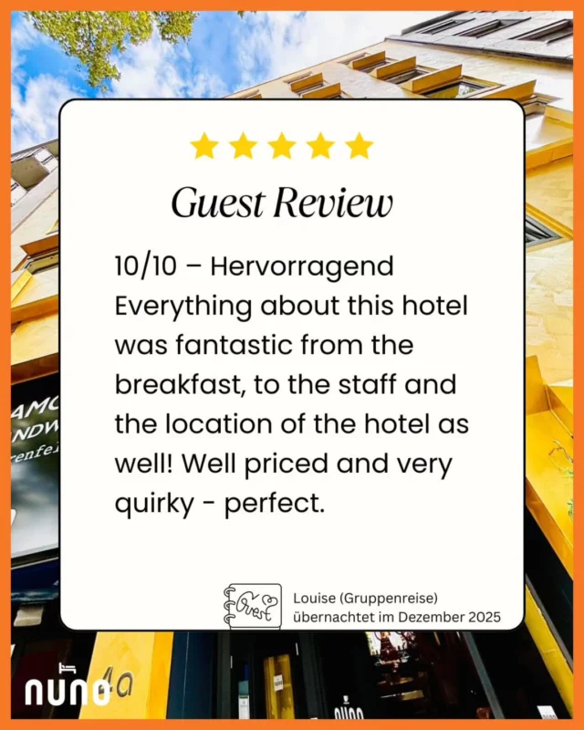 It´s #reviewtime 🌟🌟🌟🌟🌟 
Thank you very much, Louise🧡 we hope to welcome you back soon.🧡 "Alles an diesem Hotel war fantastisch, vom Frühstück übe
r das Personal bis hin zur Lage des Hotels! Günstig und sehr originell – einfach perfekt." 
#expedia #hotelbewertung #happyguests #nuno #nunohotel #goldhotel #booknow (link in bio) #hotelköln #köln #cologne #cityhotel #citycenterhotel #visitcologne #kwartierlatäng