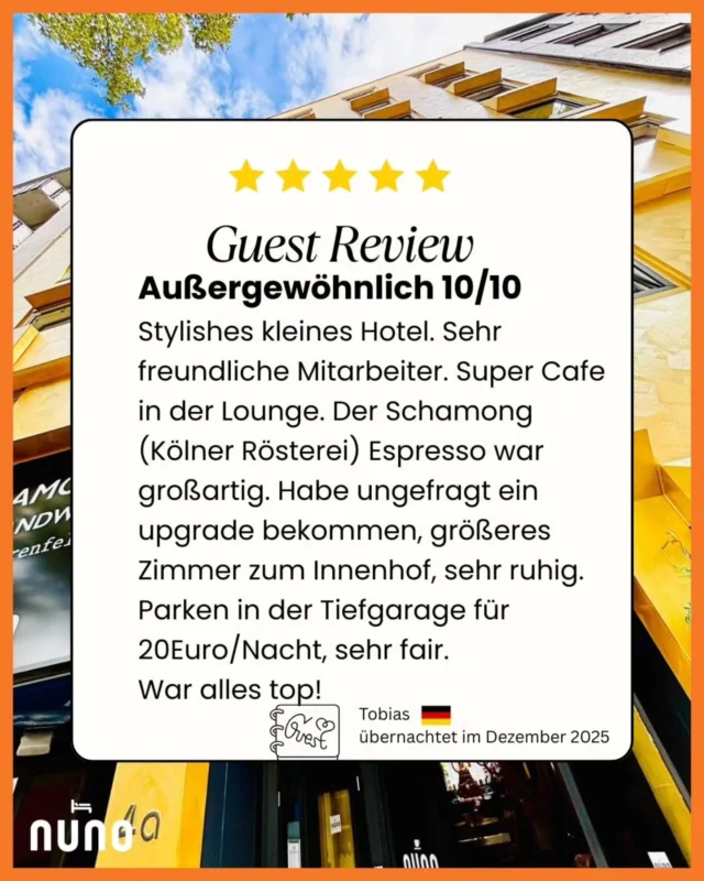Happy guest – happy hotel ⭐⭐⭐⭐⭐
Herzlichen Dank, lieber Tobias, für die schöne Bewertung auf Booking.com. Jederzeit herzlich willkommen!  Thank you very much, dear Tobias, for the lovely review on Booking.com. You are always welcome!
Exceptional 10/10 ⭐⭐⭐⭐⭐
Stylish little hotel. Very friendly staff. Great café in the lounge. The Schamong (Cologne roastery) espresso was fantastic. I received an unsolicited upgrade to a larger room facing the courtyard, which was very quiet. Parking in the underground car park for €20/night, very fair.
Everything was great!

#nunohotel #hotelköln #hotelbewertung #cityhotel #visitcologne 
BOOK NOW (Link in Bio)